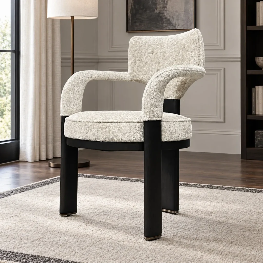 Bouclé Tub Armchair on Black Sculpted Base in oatmeal — front view