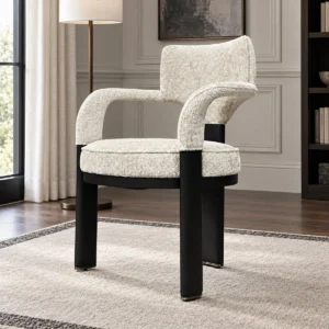 Bouclé Tub Armchair on Black Sculpted Base in oatmeal — front view