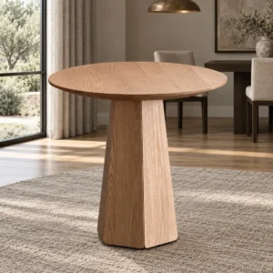 Minimalist Solid Wood Round Table on Faceted Cone in natural oak — front view