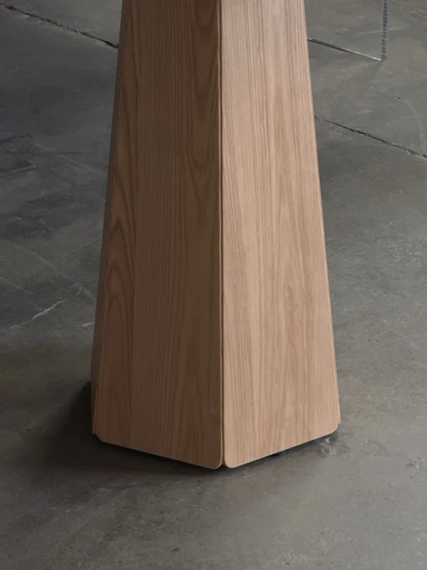 Minimalist Solid Wood Round Table on Faceted Cone in natural oak — detail