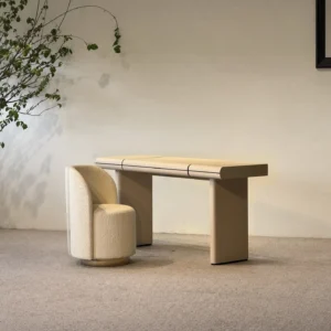 Minimal Wraparound Desk-Vanity with Matching Chair in sand — front view