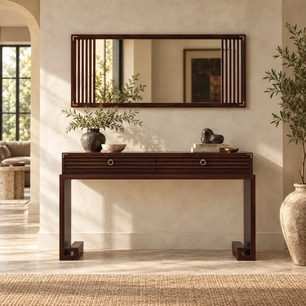 Modern Chinese Dark Wood Console with Slatted Frame Mirror in clay — front view