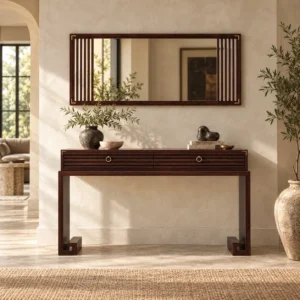 Modern Chinese Dark Wood Console with Slatted Frame Mirror in clay — front view
