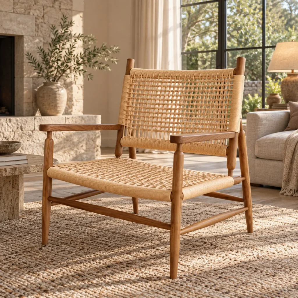 Misge Hand-Woven Rattan Cord Lounge Chair on Oak Frame in natural oak — front view