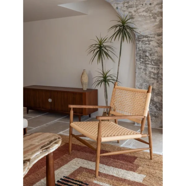 Misge Hand-Woven Rattan Cord Lounge Chair on Oak Frame in natural oak — in a room setting