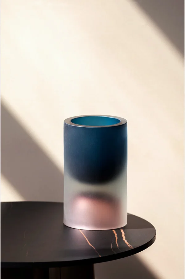 Sea Tide Mist Gradient Cylinder Glass Vase in blue — in a room setting