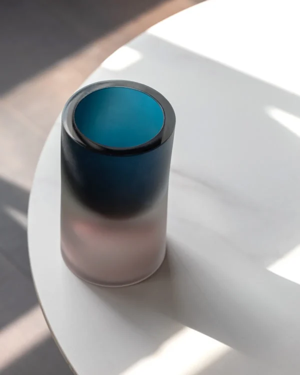 Sea Tide Mist Gradient Cylinder Glass Vase in blue — in a room setting