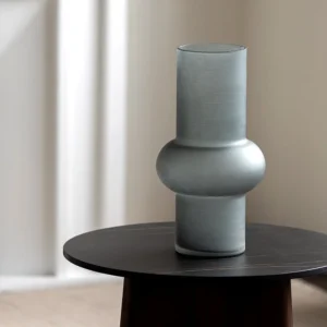Mist Grey Frosted Ringed Cylinder Glass Vase in slate — front view