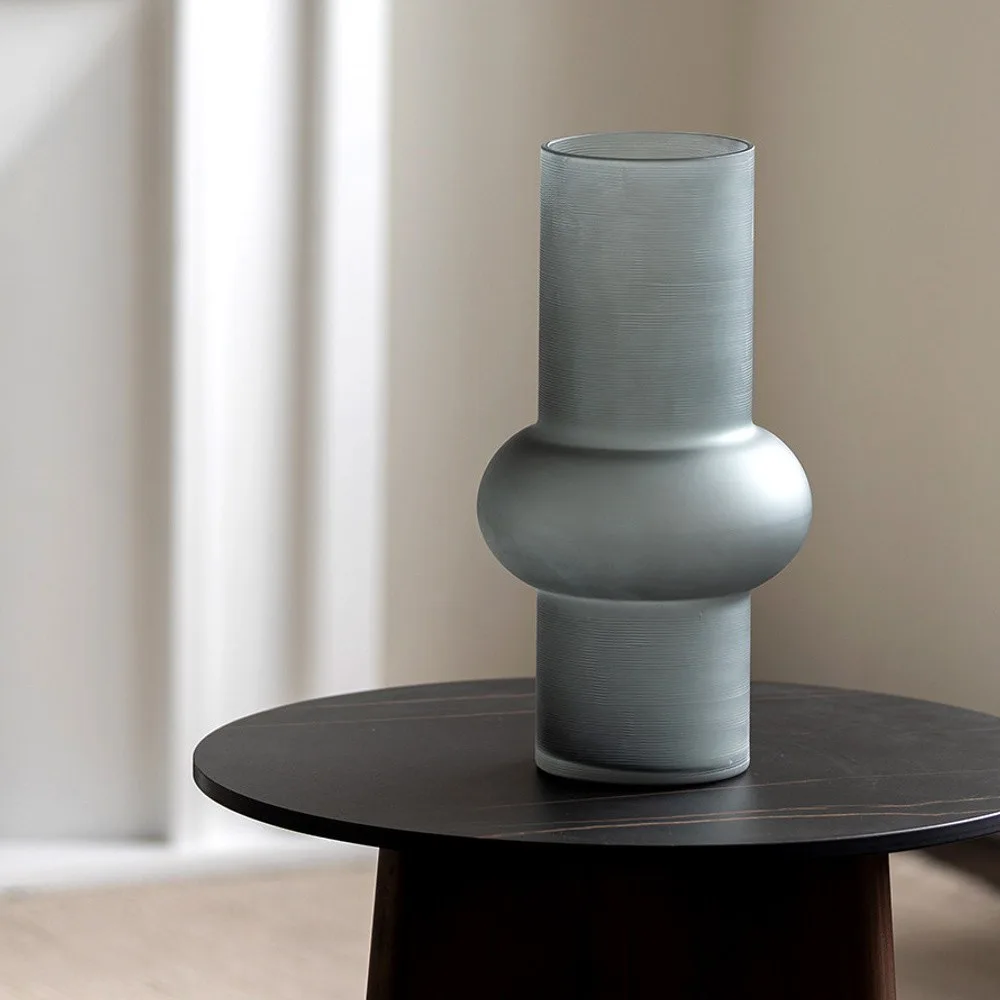 Mist Grey Frosted Ringed Cylinder Glass Vase in slate — front view