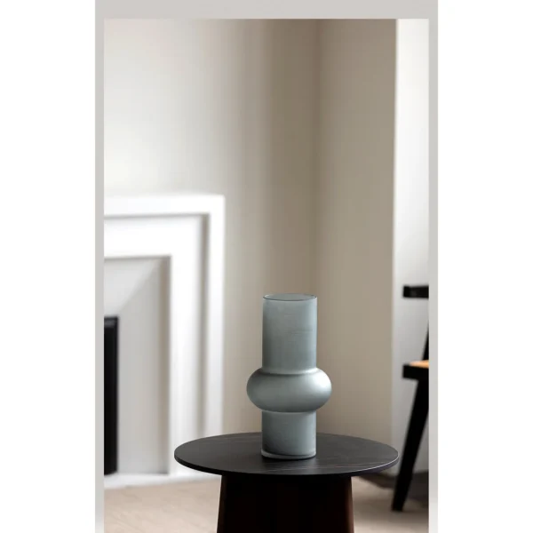 Mist Grey Frosted Ringed Cylinder Glass Vase in slate — in a room setting