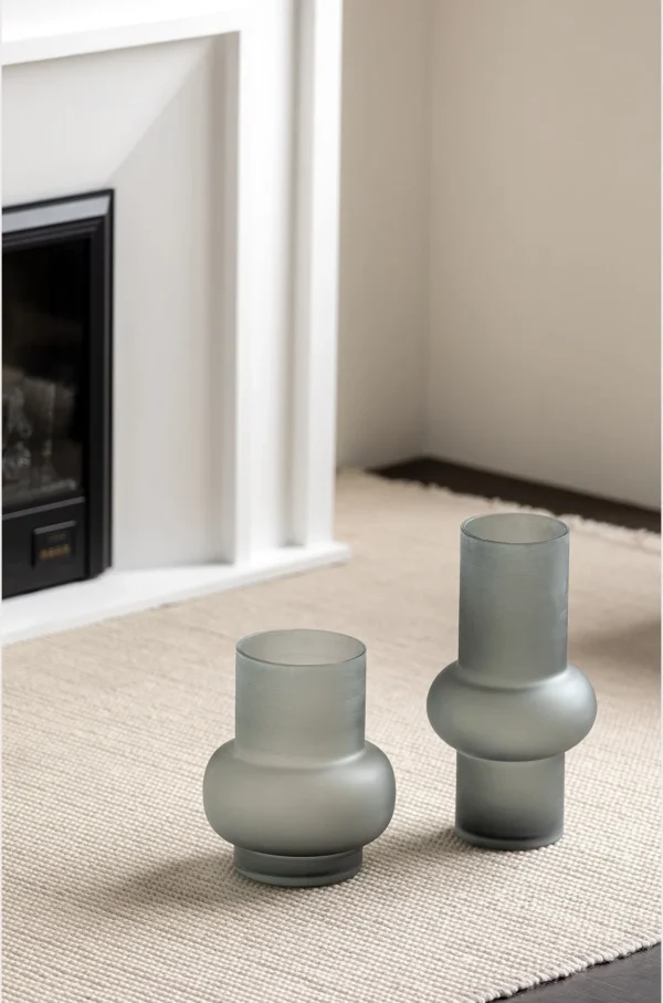 Mist Grey Frosted Ringed Cylinder Glass Vase in slate — in a room setting