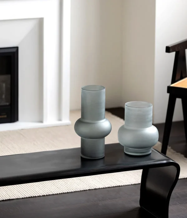 Mist Grey Frosted Ringed Cylinder Glass Vase in slate — in a room setting