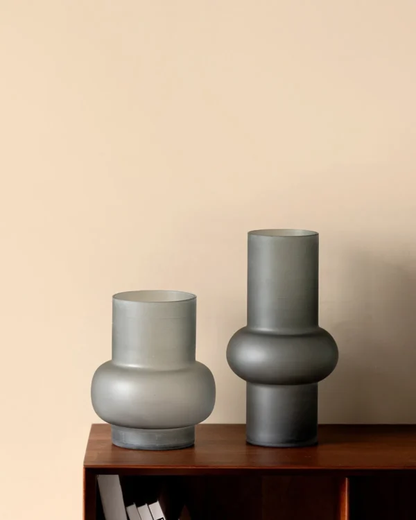 Mist Grey Frosted Ringed Cylinder Glass Vase in slate — in a room setting