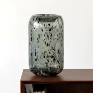 Hand-Made Mist Grey Speckled Tall Glass Vase in slate — front view