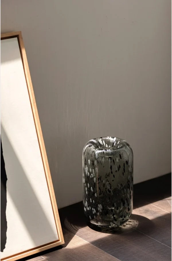 Hand-Made Mist Grey Speckled Tall Glass Vase in slate — in a room setting