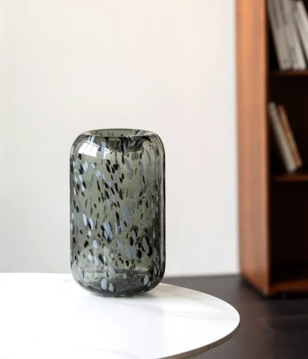 Hand-Made Mist Grey Speckled Tall Glass Vase in slate — in a room setting