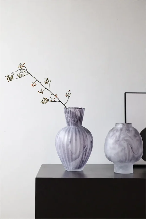 Mist Rock Ribbed Frosted Glass Vase in slate — in a room setting