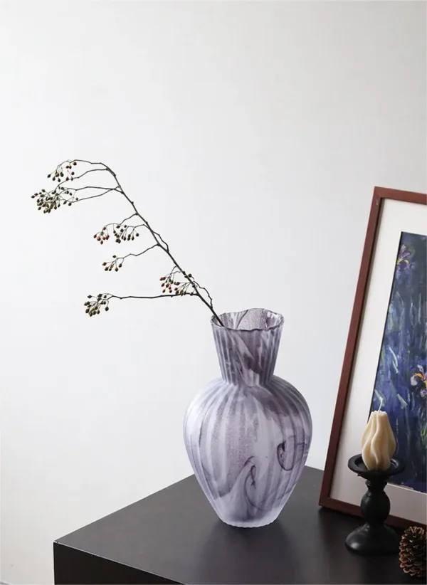 Mist Rock Ribbed Frosted Glass Vase in slate — in a room setting
