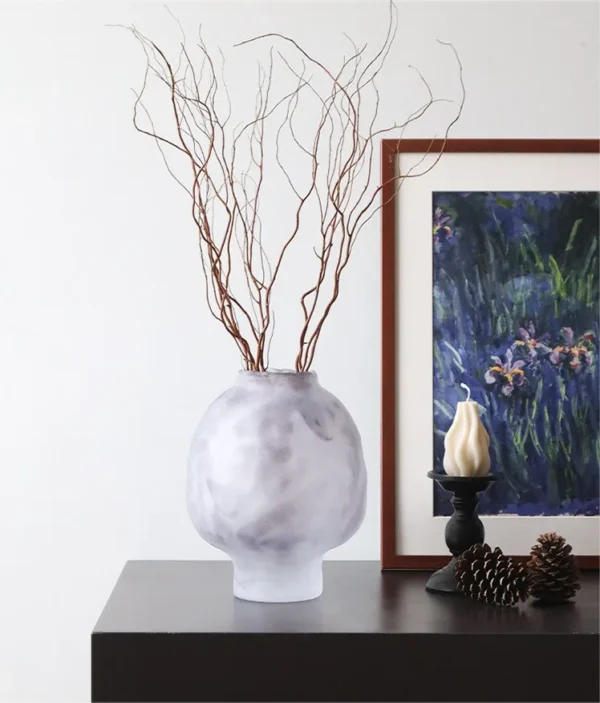 Mist Rock Ribbed Frosted Glass Vase in slate — in a room setting