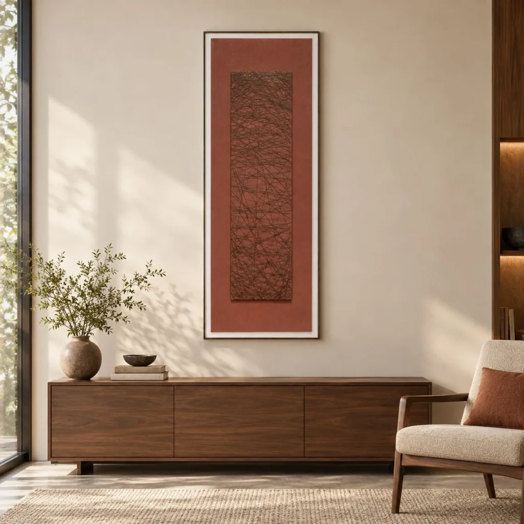 Tall Rust Panel with Crackled Charcoal Scroll, 60 x 160 cm in rust — front view