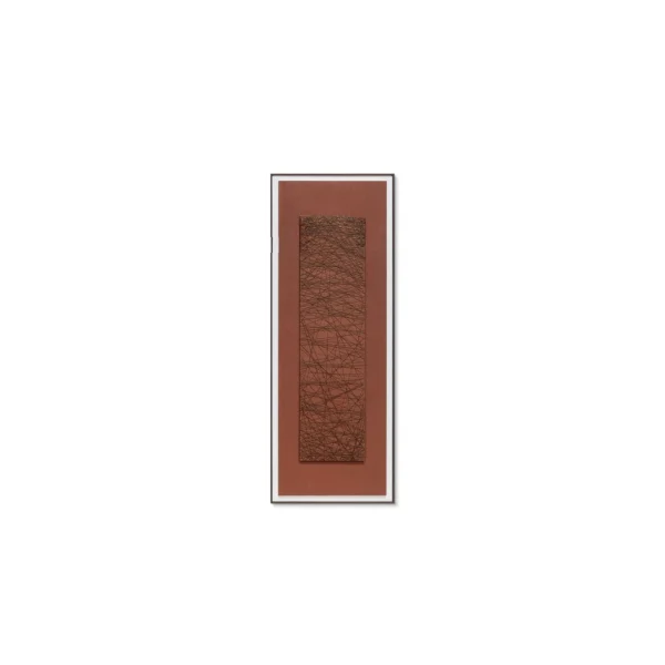 Tall Rust Panel with Crackled Charcoal Scroll, 60 x 160 cm in rust — in a room setting