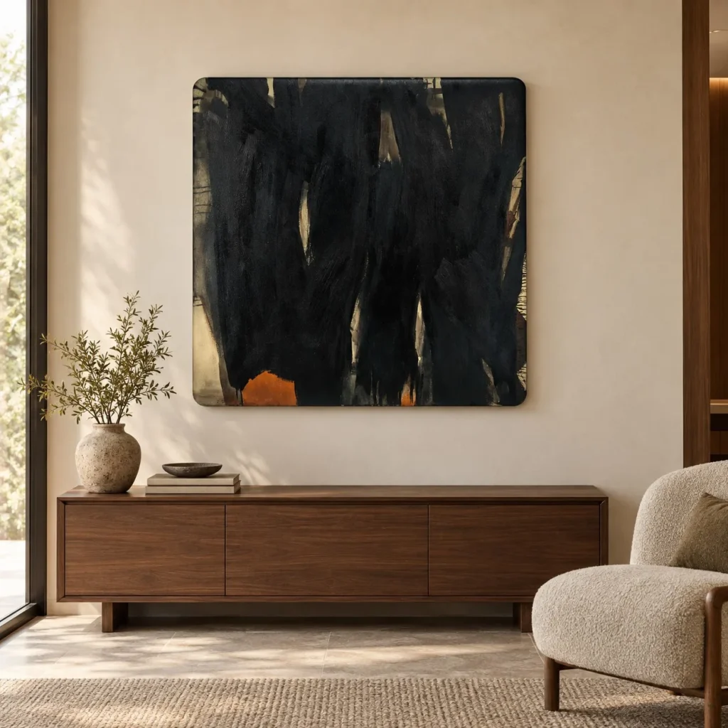 Black Ink Column Painting with Rust Flecks, 110 x 110 cm in black — front view