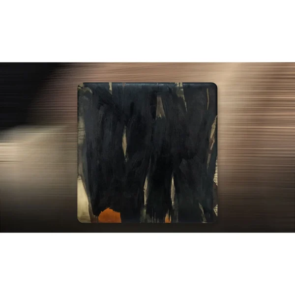 Black Ink Column Painting with Rust Flecks, 110 x 110 cm in black — in a room setting