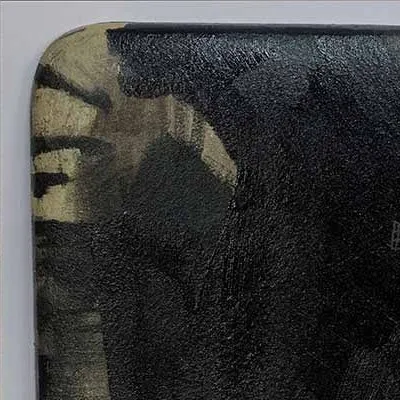 Black Ink Column Painting with Rust Flecks, 110 x 110 cm in black — detail