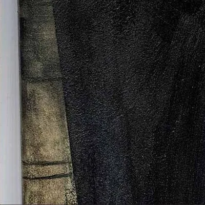 Black Ink Column Painting with Rust Flecks, 110 x 110 cm in black — detail