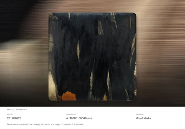 Black Ink Column Painting with Rust Flecks, 110 x 110 cm in black — dimensions