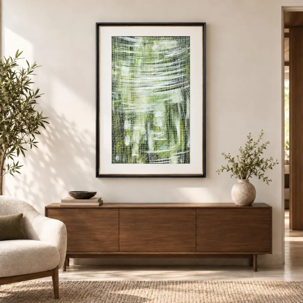 Green Reed Reflection Painting in Black Frame, 85 x 120 cm — front view