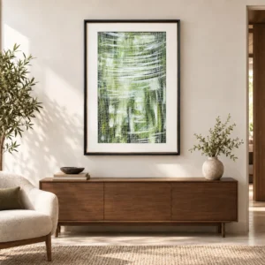 Green Reed Reflection Painting in Black Frame, 85 x 120 cm — front view