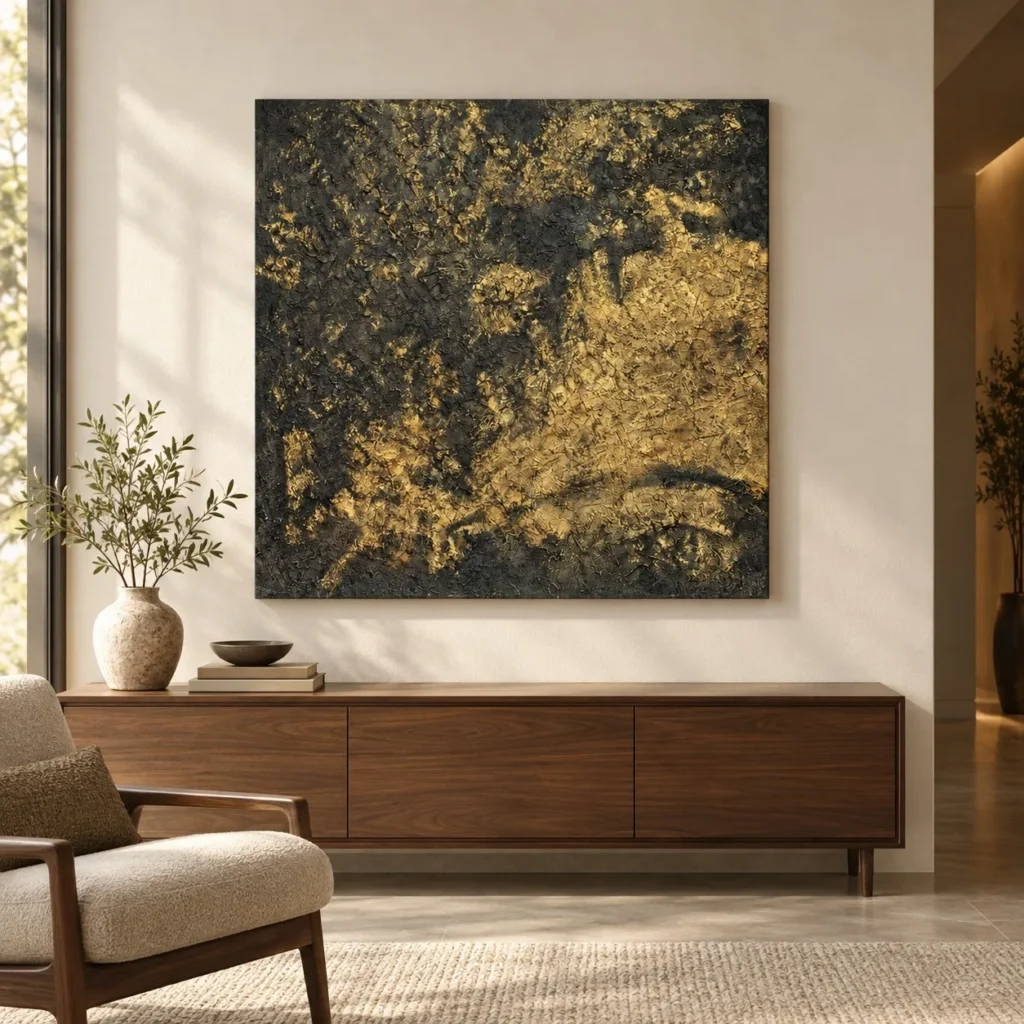 Gold Leaf on Black Textured Abstract Wall Art, 100 x 100 cm in brushed brass — front view