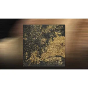 Gold Leaf on Black Textured Abstract Wall Art, 100 x 100 cm in brushed brass — in a room setting