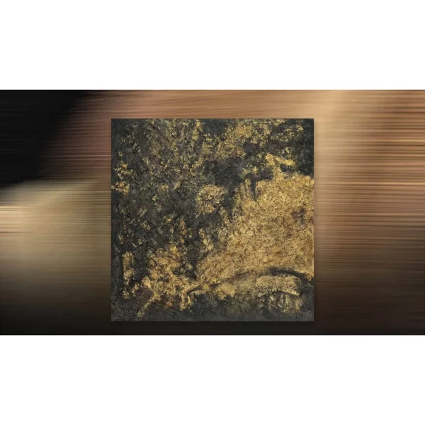 Gold Leaf on Black Textured Abstract Wall Art, 100 x 100 cm in brushed brass — in a room setting