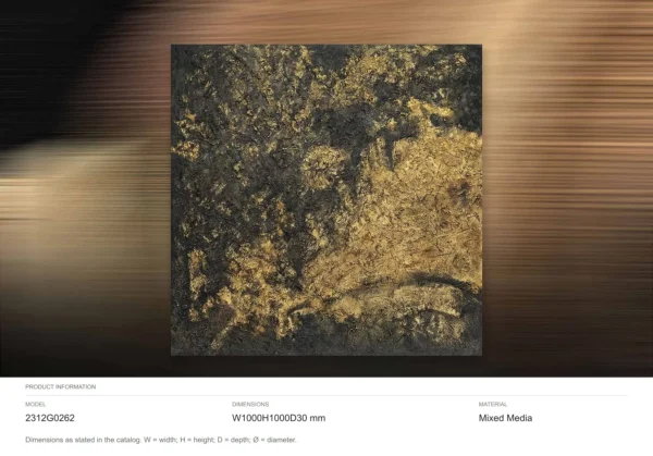 Gold Leaf on Black Textured Abstract Wall Art, 100 x 100 cm in brushed brass — dimensions