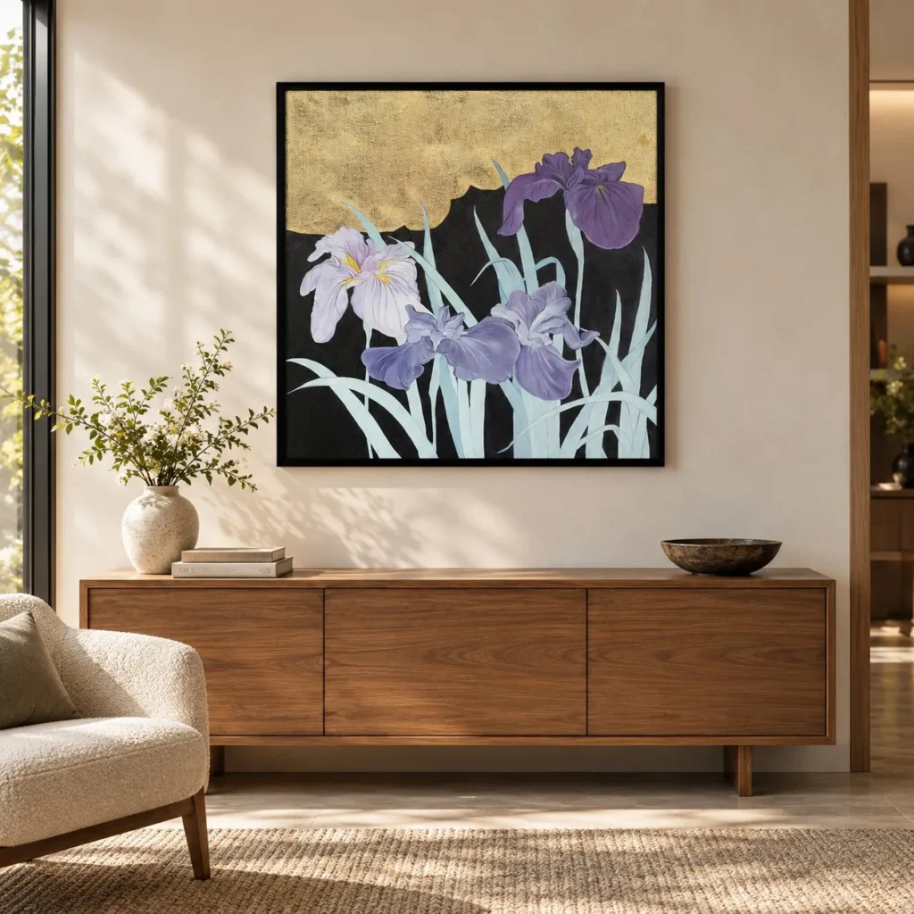 Purple Iris on Gold Wall Art in Black Frame, 80 x 80 cm — front view
