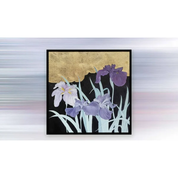 Purple Iris on Gold Wall Art in Black Frame, 80 x 80 cm — in a room setting
