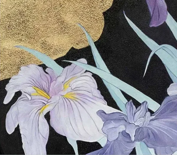 Purple Iris on Gold Wall Art in Black Frame, 80 x 80 cm — detail
