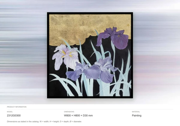 Purple Iris on Gold Wall Art in Black Frame, 80 x 80 cm — dimensions