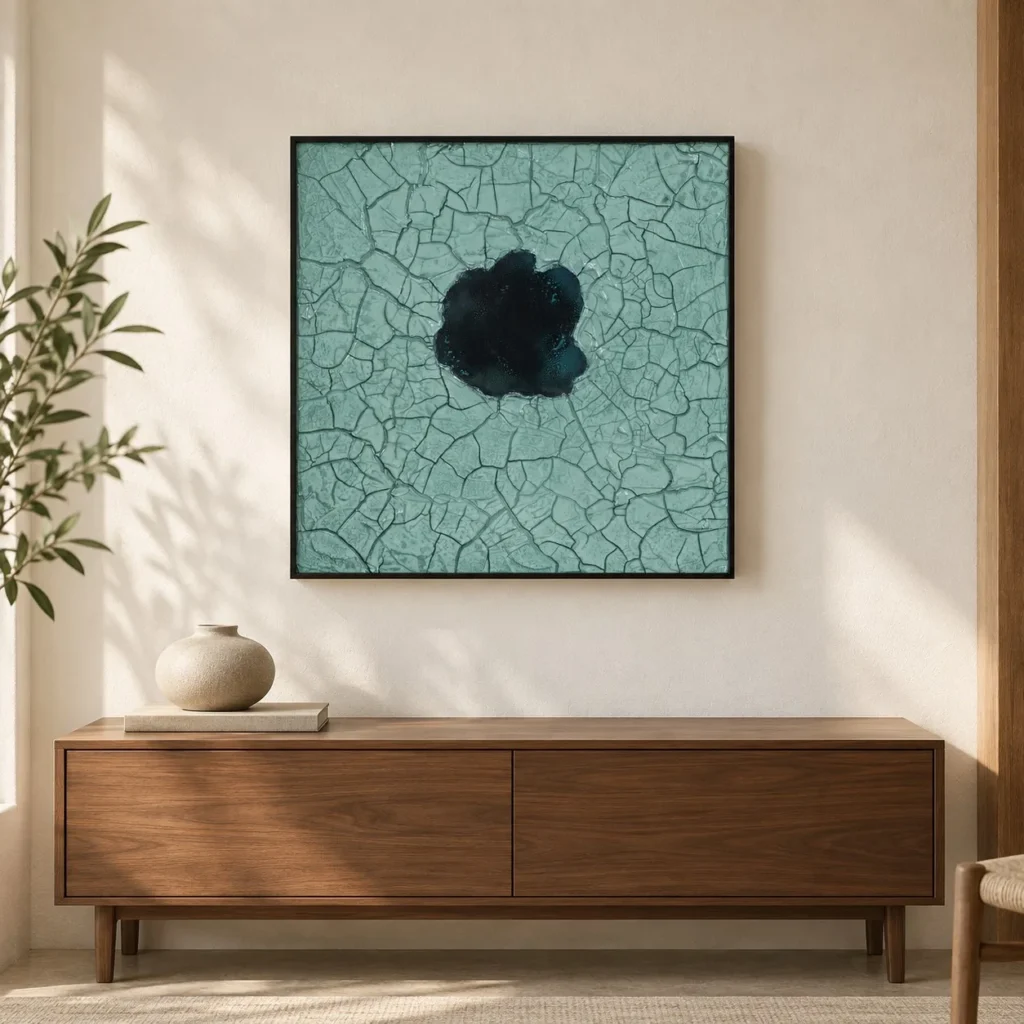 Teal Crackle Glaze with Ink Bloom in Black Frame, 60 x 60 cm — front view