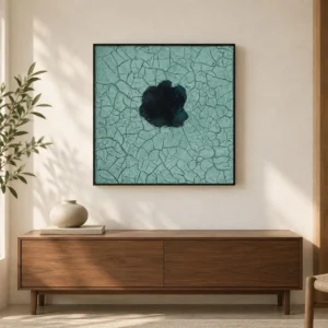 Teal Crackle Glaze with Ink Bloom in Black Frame, 60 x 60 cm — front view