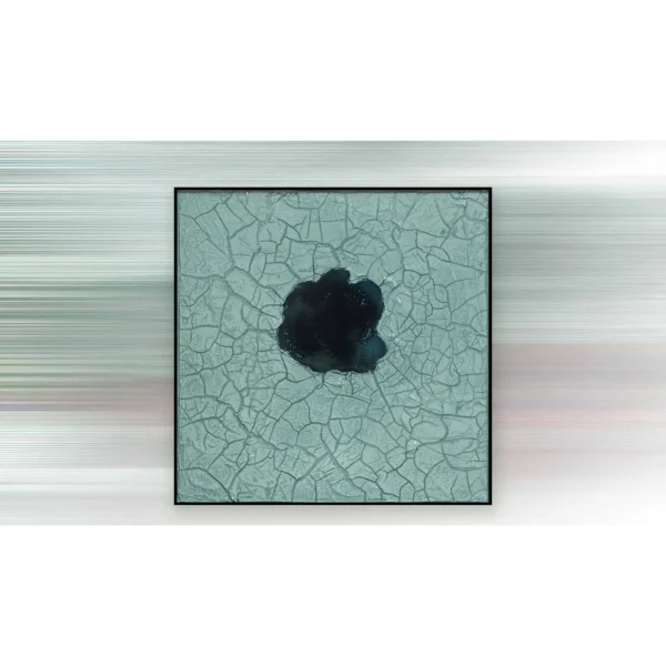 Teal Crackle Glaze with Ink Bloom in Black Frame, 60 x 60 cm — in a room setting