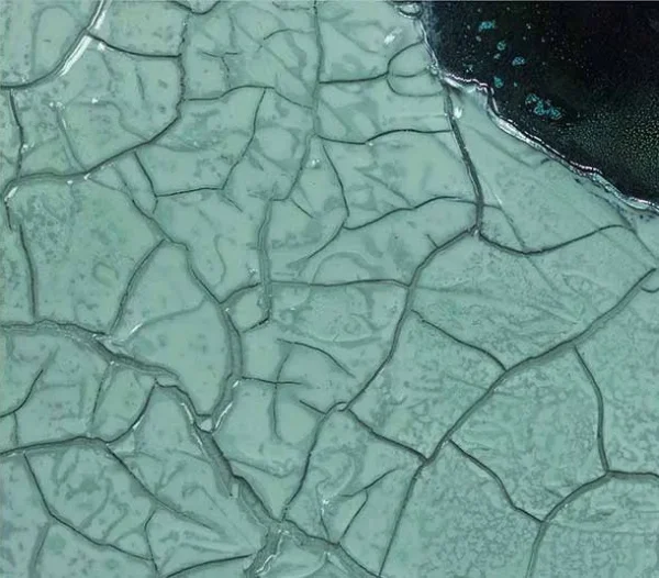 Teal Crackle Glaze with Ink Bloom in Black Frame, 60 x 60 cm — detail