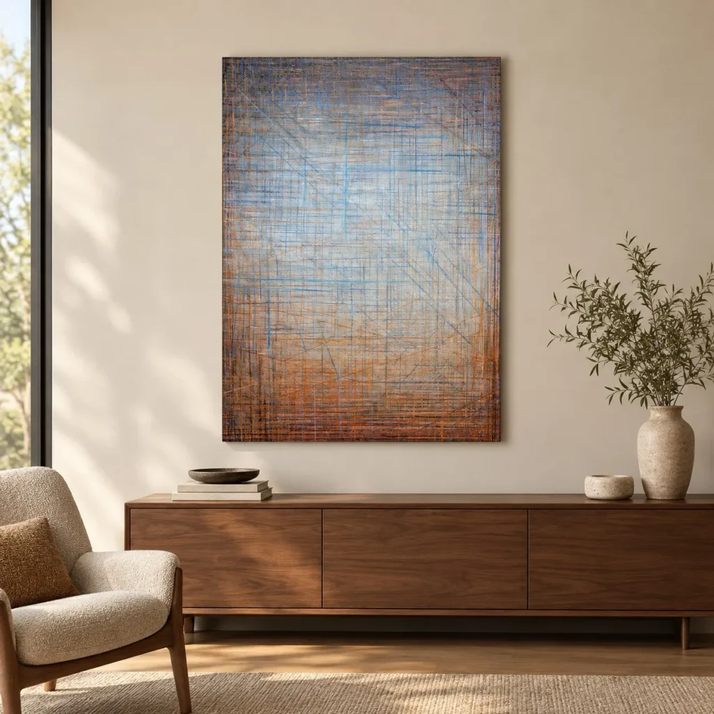 Blue and Rust Crosshatch Abstract Wall Art, 90 x 120 cm in blue — front view