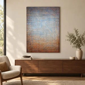 Blue and Rust Crosshatch Abstract Wall Art, 90 x 120 cm in blue — front view