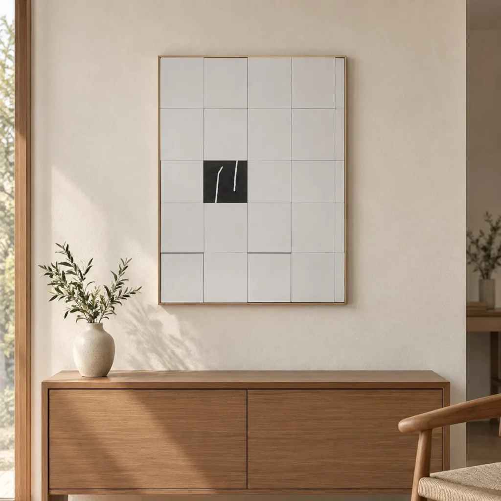 White Tile Grid Wall Art with Black Brushstroke, 60 x 80 cm in ivory — front view