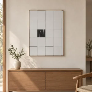 White Tile Grid Wall Art with Black Brushstroke, 60 x 80 cm in ivory — front view