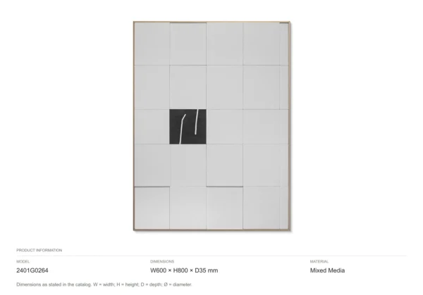White Tile Grid Wall Art with Black Brushstroke, 60 x 80 cm in ivory — dimensions