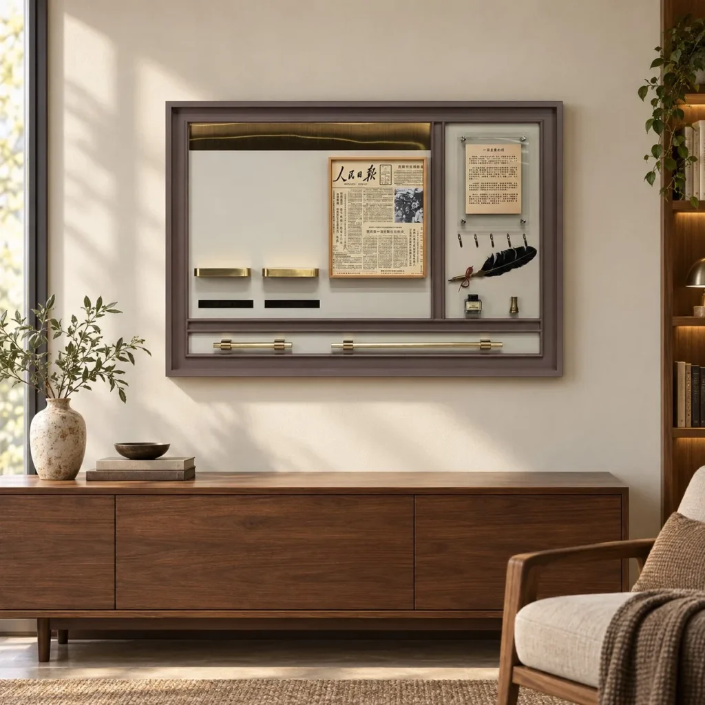 Vintage Newspaper and Ink Tools Shadow Box, 100 x 70 cm in oatmeal — front view